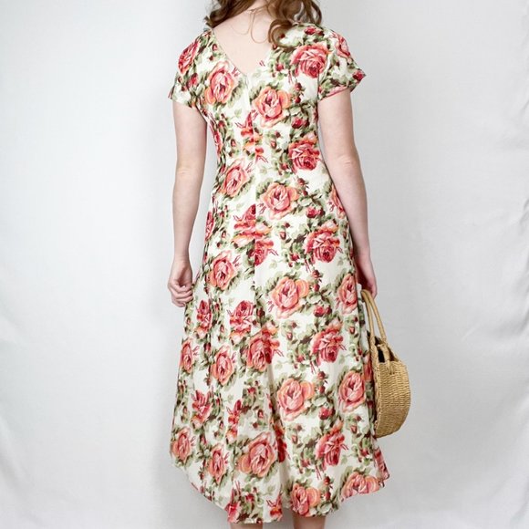 Vintage Floral Fit & Flare Pleated Button Up Midi Maxi Dress Spring Summer Sun - Picture 3 of 6